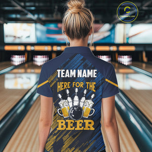 Blue and Yellow Pattern Women Bowling Shirt Custom Here For The Beer Funny Bowling Tournament Shirt NQS10717