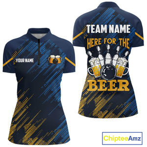 Blue and Yellow Pattern Women Bowling Shirt Custom Here For The Beer Funny Bowling Tournament Shirt NQS10717