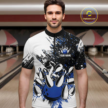Load image into Gallery viewer, Black and White Men Bowling Polo, Quarter Zip Shirt Custom bowling jersey, mens bowling outfit | Blue NQS11305