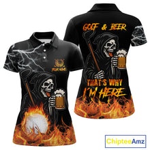 Load image into Gallery viewer, Funny Skull Reaper Lightning Flame Golf Polo Shirts For Women custom Golf &amp; Beer That&#39;s why I&#39;m here NQS10932