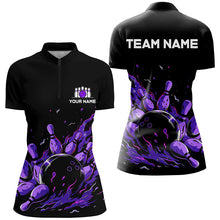 Load image into Gallery viewer, Purple Flame Fire Women bowling Polo, Quarter Zip shirts custom bowling team shirts, bowling gifts NQS7902