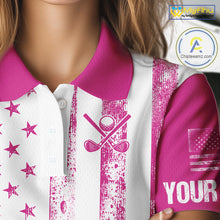 Load image into Gallery viewer, Personalized Pink &amp; White American Flag Retro Women golf polo shirts Custom Patriotic ladies golf top NQS10307
