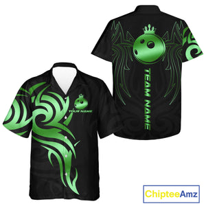 Black and Green crown Bowling ball Hawaiian Shirt Custom Bowling Team Button Up Shirt NQS10731