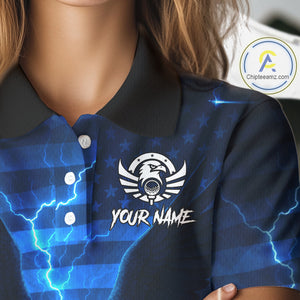 Blue lightning Thunder American Flag Eagle Golf Polo Shirt For Women Custom ladies golf outfit NQS10737