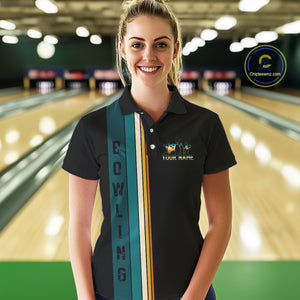 Black and Green Retro Bowling Polo, Quarter Zip Shirts for Women Custom Team Bowling League Jerseys NQS10744