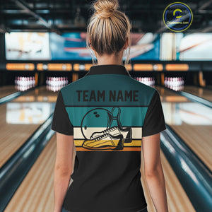 Black and Green Retro Bowling Polo, Quarter Zip Shirts for Women Custom Team Bowling League Jerseys NQS10744