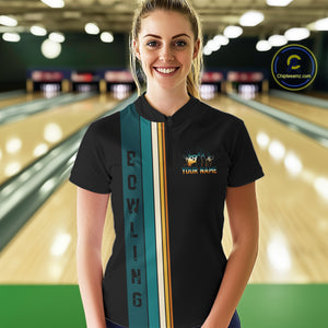 Black and Green Retro Bowling Polo, Quarter Zip Shirts for Women Custom Team Bowling League Jerseys NQS10744