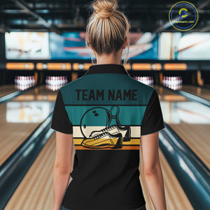 Black and Green Retro Bowling Polo, Quarter Zip Shirts for Women Custom Team Bowling League Jerseys NQS10744