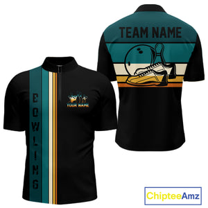 Black and Green Retro Bowling Polo, Quarter Zip Shirts for Men Custom Team Bowling League Jerseys NQS10744