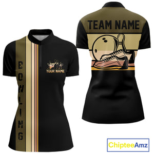 Black and Retro Bowling Polo, Quarter Zip Shirts for Women Custom Team Bowling League Jerseys NQS10745