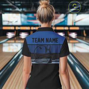 Black and Blue Retro Bowling Polo, Quarter Zip Shirts for Women Custom Team Bowling League Jerseys NQS10746