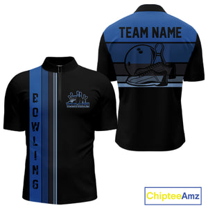 Black and Blue Retro Bowling Polo, Quarter Zip Shirts for Men Custom Team Bowling League Jerseys NQS10746