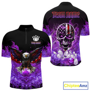 Purple Flame Smoke American Flag Eagle Skull Mens Bowling Shirts Custom Patriotic Bowling Team Jersey NQS10525