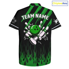Load image into Gallery viewer, Black and Green Flame Retro Bowling Button-up Shirt Custom Vintage Team Hawaiian Bowling Jersey NQS11677