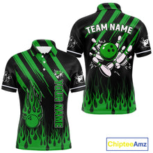 Load image into Gallery viewer, Black and Green Flame Retro Bowling Polo, 1/4 Zip Shirt for Men Custom Vintage Team Bowling Jersey NQS11677
