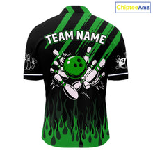Load image into Gallery viewer, Black and Green Flame Retro Bowling Polo, 1/4 Zip Shirt for Men Custom Vintage Team Bowling Jersey NQS11677