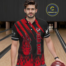 Load image into Gallery viewer, Black and Red Flame Retro Bowling Polo, 1/4 Zip Shirt for Men Custom Vintage Team Bowling Jersey NQS11678