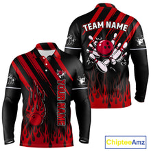 Load image into Gallery viewer, Black and Red Flame Retro Bowling Polo, 1/4 Zip Shirt for Men Custom Vintage Team Bowling Jersey NQS11678