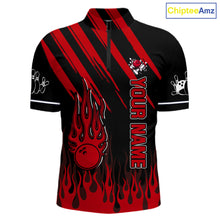 Load image into Gallery viewer, Black and Red Flame Retro Bowling Polo, 1/4 Zip Shirt for Men Custom Vintage Team Bowling Jersey NQS11678