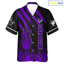 Load image into Gallery viewer, Black and Purple Flame Retro Bowling Button-up Shirt Custom Vintage Team Hawaiian Bowling Jersey NQS11679