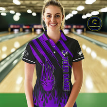 Load image into Gallery viewer, Black and Purple Flame Retro Bowling Polo, 1/4 Zip Shirt for Women Custom Vintage Team Bowling Jersey NQS11679