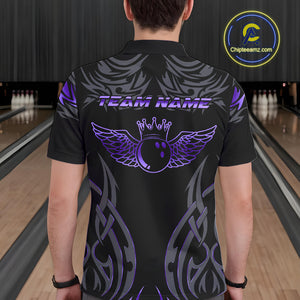 Personalized Black And Purple tribal pattern Bowling Shirts For Men, angel wings Bowling Team jerseys NQS10760