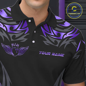 Personalized Black And Purple tribal pattern Bowling Shirts For Men, angel wings Bowling Team jerseys NQS10760