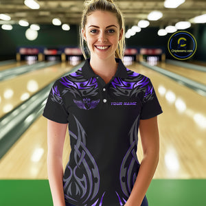 Personalized Black And Purple tribal pattern Bowling Shirt For Women, angel wings Bowling Team jersey NQS10760