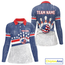 Load image into Gallery viewer, Red, White and Blue Grunge American Flag Bowling Shirt For Women Custom Patriotic Team Bowling jersey NQS11345