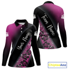 Load image into Gallery viewer, Black and Pink Glitter Flower Bowling Polo, Quarter Zip Shirt for Women Custom Bowling Team Jerseys NQS11685