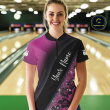 Load image into Gallery viewer, Black and Pink Glitter Flower Bowling Polo, Quarter Zip Shirt for Women Custom Bowling Team Jerseys NQS11685