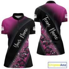 Load image into Gallery viewer, Black and Pink Glitter Flower Bowling Polo, Quarter Zip Shirt for Women Custom Bowling Team Jerseys NQS11685