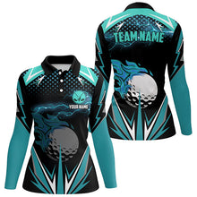 Load image into Gallery viewer, Black Womens golf polo shirts custom Cyan Blue fire lightning team golf jersey, golf attire for ladies NQS7944