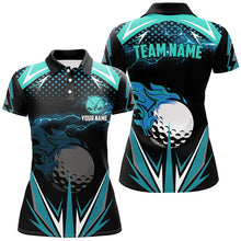 Load image into Gallery viewer, Black Womens golf polo shirts custom Cyan Blue fire lightning team golf jersey, golf attire for ladies NQS7944