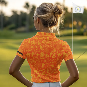 Funny orange Halloween pattern Skull Golf Polo Shirt For Women Custom golf clothes for ladies NQS10769
