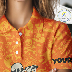 Funny orange Halloween pattern Skull Golf Polo Shirt For Women Custom golf clothes for ladies NQS10769
