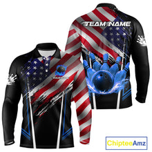Load image into Gallery viewer, Personalized American Flag Bowling Team Shirts For Men, Black and Blue Patriotic Bowling Gifts NQS11357