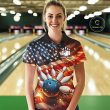 Load image into Gallery viewer, American Flag Bowling Ball and pins Bowling Shirts for Women Custom Patriotic Bowling Team jerseys NQS11698