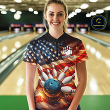 Load image into Gallery viewer, American Flag Bowling Ball and pins Bowling Shirts for Women Custom Patriotic Bowling Team jerseys NQS11698