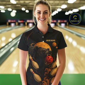 Custom Black Bear Bowling Women Polo, Quarter Zip Shirts Bear Bowling Team Jerseys NQS10781