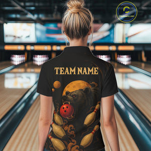 Custom Black Bear Bowling Women Polo, Quarter Zip Shirts Bear Bowling Team Jerseys NQS10781
