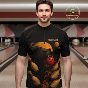 Custom Black Bear Bowling Men Polo, Quarter Zip Shirts Bear Bowling Team Jerseys NQS10781