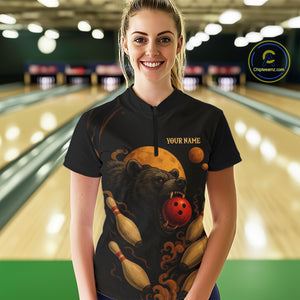 Custom Black Bear Bowling Women Polo, Quarter Zip Shirts Bear Bowling Team Jerseys NQS10781