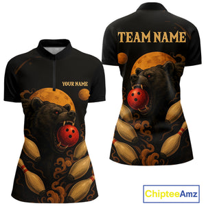 Custom Black Bear Bowling Women Polo, Quarter Zip Shirts Bear Bowling Team Jerseys NQS10781