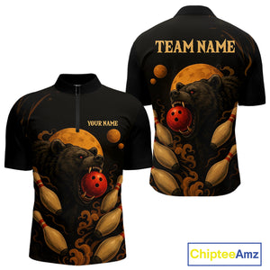Custom Black Bear Bowling Men Polo, Quarter Zip Shirts Bear Bowling Team Jerseys NQS10781