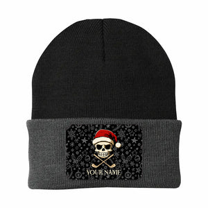 Funny Christmas Skull Golf Knit Beanie Hat, Custom Rectangle Patch Golf Beanie Hat, Xmas Golf Gifts NQS10783