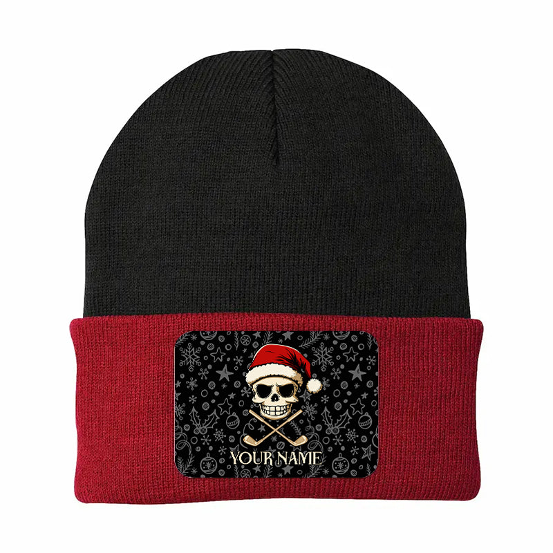 Funny Christmas Skull Golf Knit Beanie Hat, Custom Rectangle Patch Golf Beanie Hat, Xmas Golf Gifts NQS10783