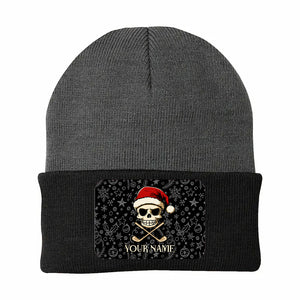 Funny Christmas Skull Golf Knit Beanie Hat, Custom Rectangle Patch Golf Beanie Hat, Xmas Golf Gifts NQS10783