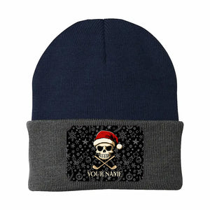 Funny Christmas Skull Golf Knit Beanie Hat, Custom Rectangle Patch Golf Beanie Hat, Xmas Golf Gifts NQS10783