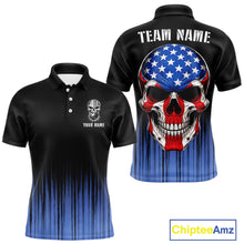 Load image into Gallery viewer, Black and Blue American Flag Skull Bowling Shirts for Men Custom Patriotic Bowling Team jerseys NQS11699